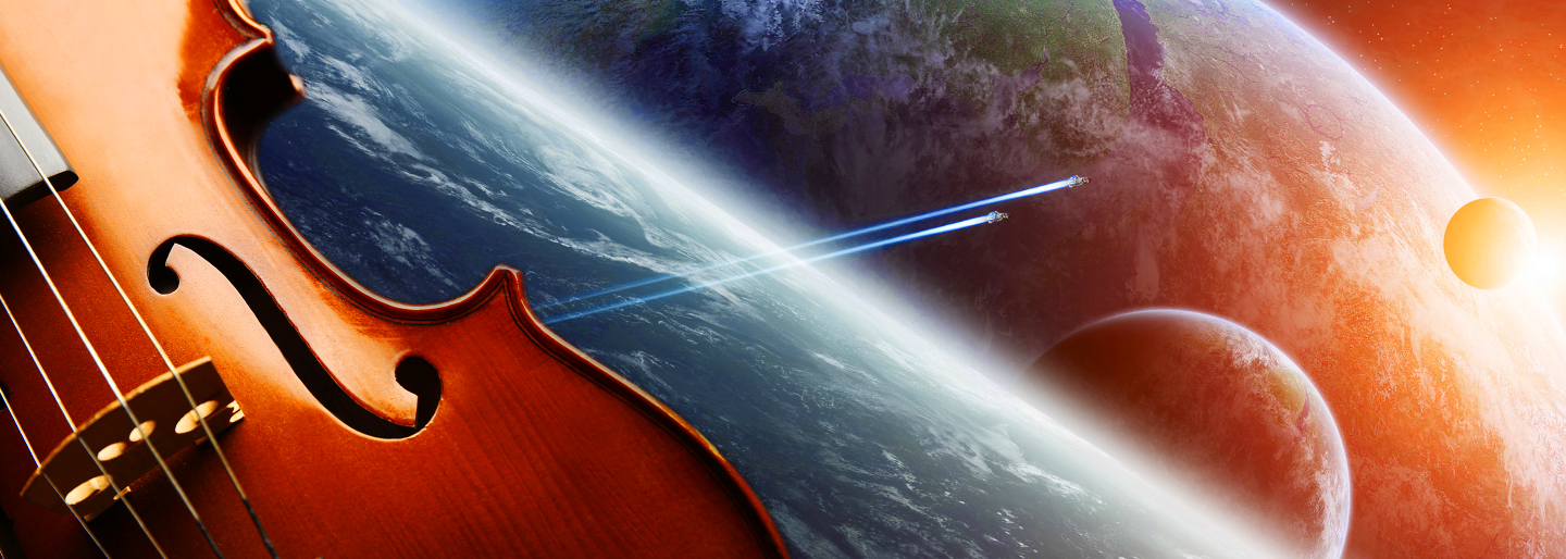 Violin with earth in space background