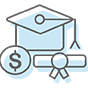 Cap, diploma and dollar sign line drawing icon