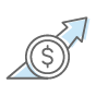 Line drawing of an arrow through a circle which includes a dollar sign in the middle. 