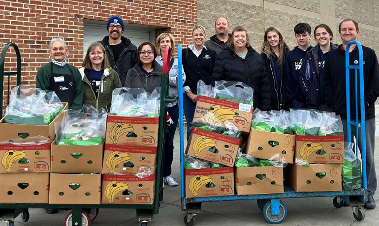 Stacks of meals prepared to donate.