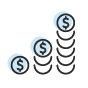 Outlined stacks of coins going up with a dollar sign at the top of each stack.