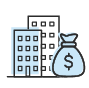 Line drawing of a money bag and buildings in the background.