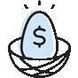 Outline of an egg in a bowl.  The egg has a dollar sign on the side.