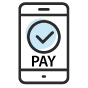 Line drawing of a smartphone with Pay and a checkmark on the screen. 