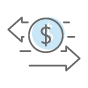 Line drawing of arrows with a circle and dollar sign in the middle.