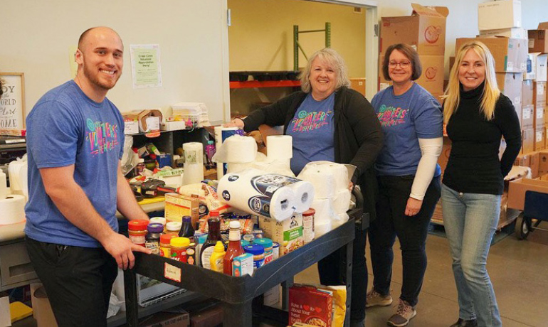 Volunteers packing donations.