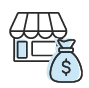 Line drawing of a small business with a money bag in front.